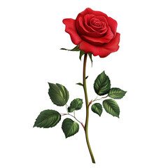 Red rose stands tall with vibrant petals and lush green leaves, symbolizing beauty and love in a serene garden setting