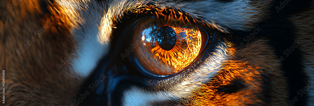 Poster a close-up photograph of a tiger's eye reflecting light, with a shallow depth of field, creating a d