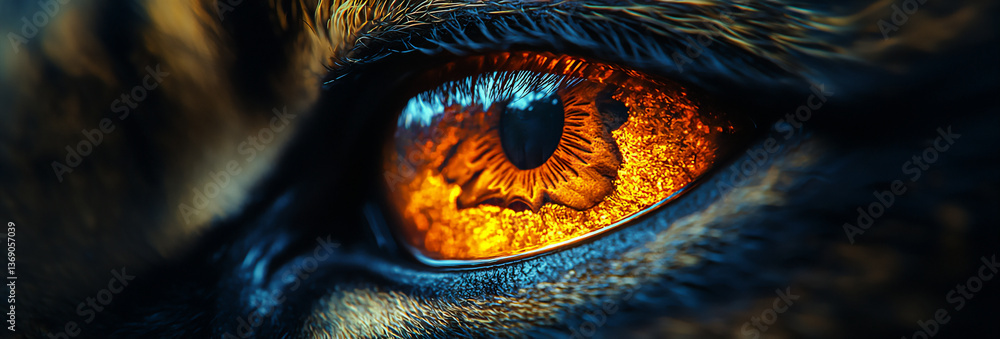 Poster a close-up photograph of a tiger's eye reflecting light, with a shallow depth of field, creating a d