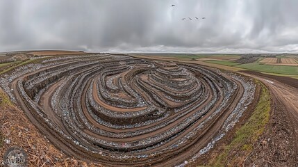 Aerial view of a landfill site showcasing its unique terraced design against a rural landscape.  The image highlights environmental concerns and waste management.
