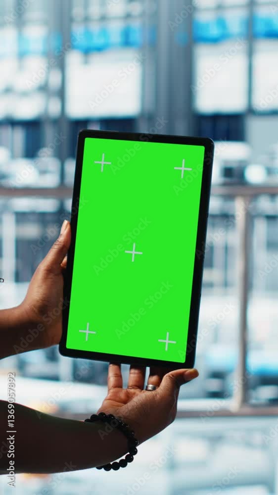 Poster vertical video robotics technician using chroma key device in smart factory calibrating iot sensors,
