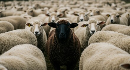 Black Sheep Standing Out in a Sea of White Wool