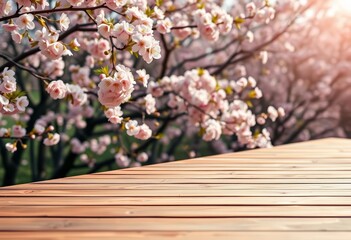 Minimalist wooden platform, soft-focus cherry blossoms background, macro, image