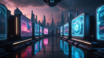 High-tech digital dashboard with cyberpunk neon background