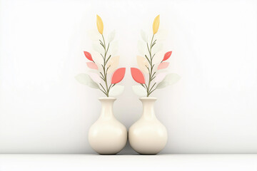 Symmetrical floral arrangement in vases, modern minimalist design with delicate leaves and neutral tones.