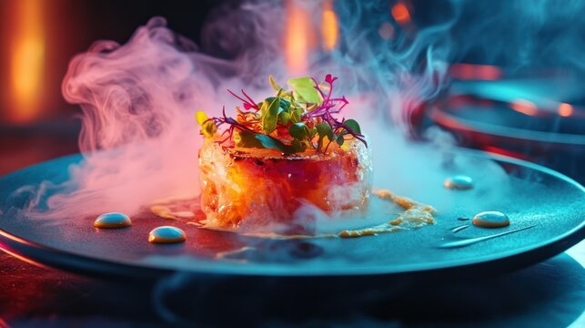 Gourmet dish presented with smoke and artistic plating on dark elegant plate.