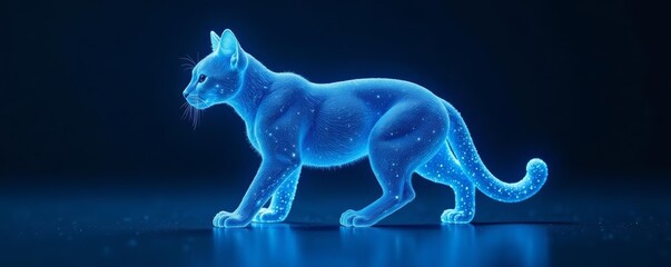 Fototapeta premium Minimalistic blue feline figure made from light particles, shape, sculpture