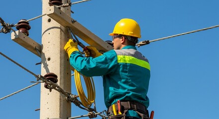Lineman Installing Electrical Wires on Utility Pole – High Voltage Work