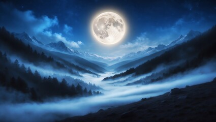 Misty mountain landscape under full moonlight