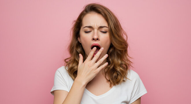 A young woman's weary yawn against a soft pink backdrop, capturing a moment of exhaustion and quiet solitude.