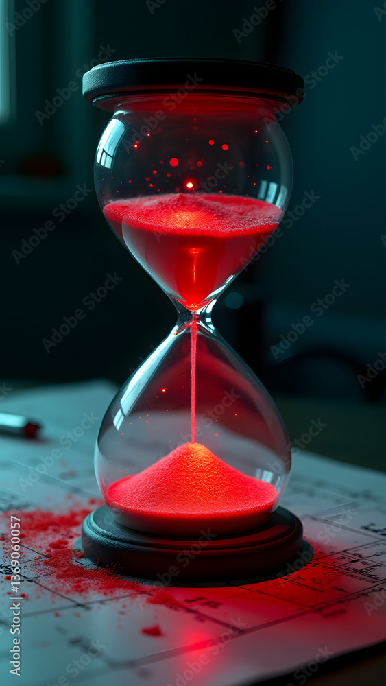 Poster a hacking hourglass measures time until data compromise, its flowing packets turning to ransom deman