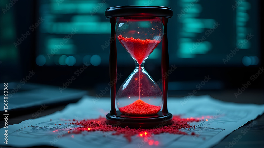 Poster a hacking hourglass measures time until data compromise, its flowing packets turning to ransom deman