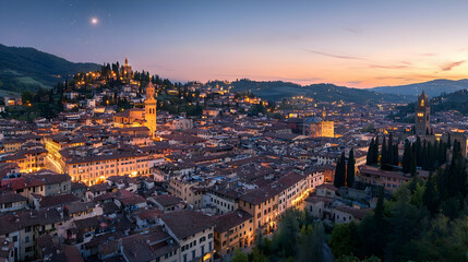 Obraz premium Panoramic View Of Illuminated Tuscan Town At Dusk