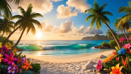 Vibrant tropical beach background with flowers and palm trees