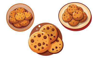 Delicious chocolate chip cookies on plates illustration