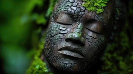 Fototapeta premium Dark wooden head, adorned with moss, rests amongst lush greenery. Intricate details, tranquil expression