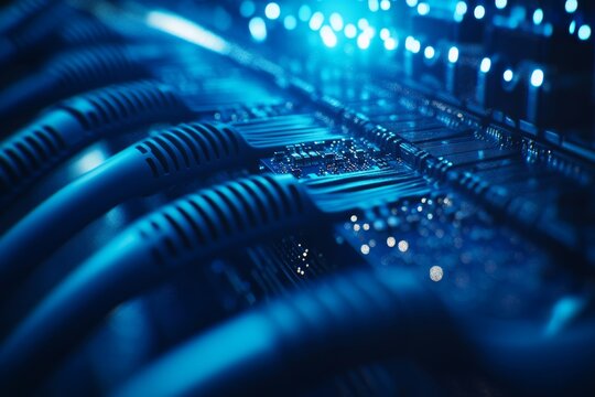 Close up of a blue circuit board featuring microchips and fiber optic cables in a technical setting