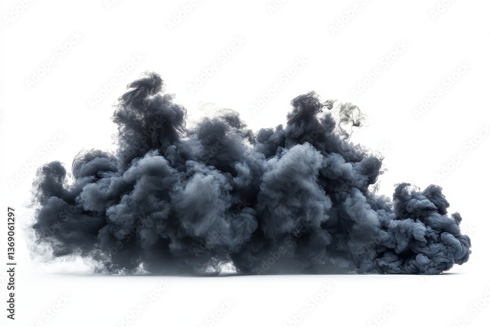 Aufkleber Dark smoke billows upward against a white backdrop, creating a dramatic and intense visual effect suitable for various uses in design and media