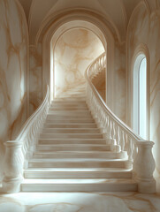The image showcases a digitally rendered perspective view of an elegant, curved marble staircase within a luxurious interior. The staircase is predominantly light beige and white, constructed from