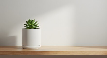 Fototapeta premium Small Green Succulent Plant in White Pot on Wooden Shelf