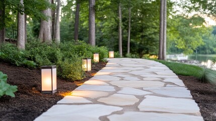 Fototapeta premium Elegant stone pathway lined with landscape lighting
