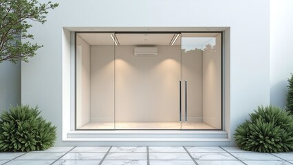 Modern white storefront with glass door and windows, set against a clean facade, with plants in the foreground