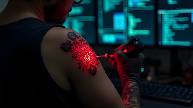 A decorative QR tattoo comes alive as malicious code when scanned, its beauty hiding a keylogger that spreads through networked devices.