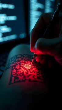 A decorative QR tattoo comes alive as malicious code when scanned, its beauty hiding a keylogger that spreads through networked devices.