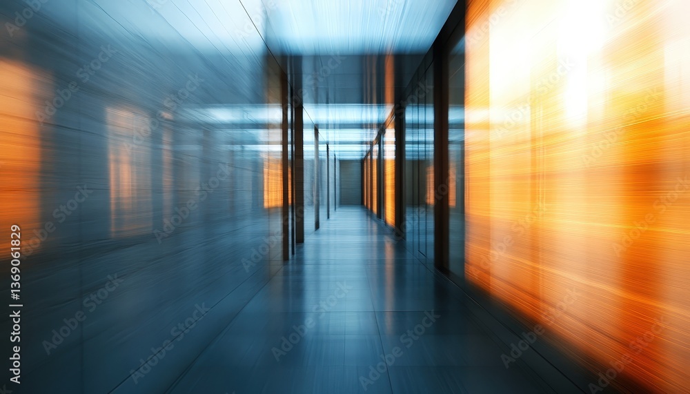 Poster Visual exploration of modern architecture with striking light play in an urban corridor during sunset hours showcasing reflections and depth