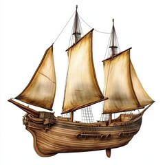 Steampunk Dutch Ship Wooden Sailboat in Engraving Style, Isolated with Clipping Path