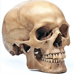 Fototapeta premium A high-resolution close-up image depicts a human skull in a three-quarter view against a pure white background. The skull is presented in profile, showcasing detailed textural variations in the
