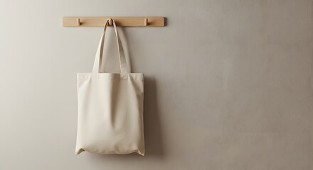 Beige Canvas Tote Bag Hanging on Wooden Wall Hook