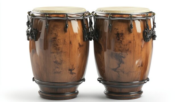 A pair of conga drums, wooden with beige heads, isolated on a white background.