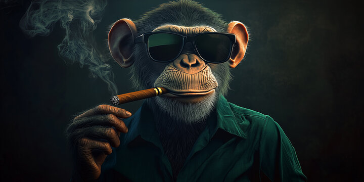 Close-up digital illustration of a chimpanzee wearing sunglasses and a green collared shirt, holding a lit cigar in its hand.  The background is a dark, moody vignette, creating a high contrast