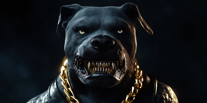 Close-up shot of a digitally rendered black pitbull terrier. The dog is depicted wearing a gold chain and a leather jacket, set against a dark, moody background. The image features a high level of