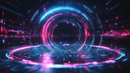 Fototapeta premium Futuristic holographic portal, glowing rings, digital space, data streams