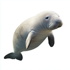 Fototapeta premium A full-body, close-up shot of a manatee against a pure white background. The manatee is positioned slightly angled, facing towards the viewer, with its body oriented vertically. The image showcases