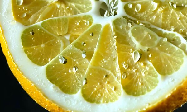 Pieces of lemon with drops of water fly up and fall on the table. On a black background. Filmed on a high-speed camera at 1000 fps.