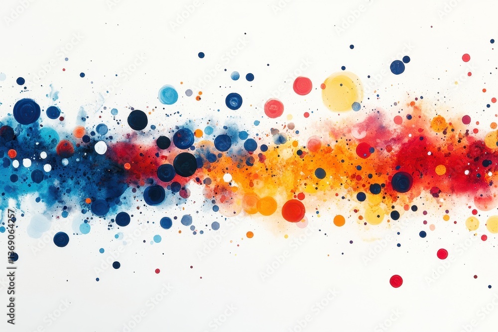 Poster colorful abstract art piece featuring vibrant circles and splashes in bold hues against a white back