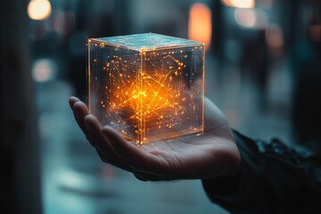 A man holds a glowing cube representing blockchain technology and virtual reality concepts.