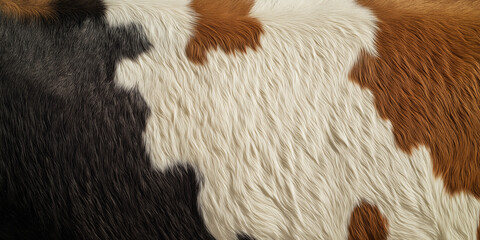 Close-up shot of a cow's hide, showcasing an abstract pattern of brown, white, and black fur. The image is sharply focused, revealing the fine details of the fur's texture. The color variations
