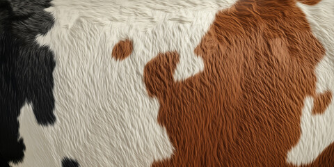 Close-up shot of a cow's hide exhibiting a tri-color pattern of brown, white, and black. The image showcases the texture of the fur, with visible hair strands and subtle variations in tone and color