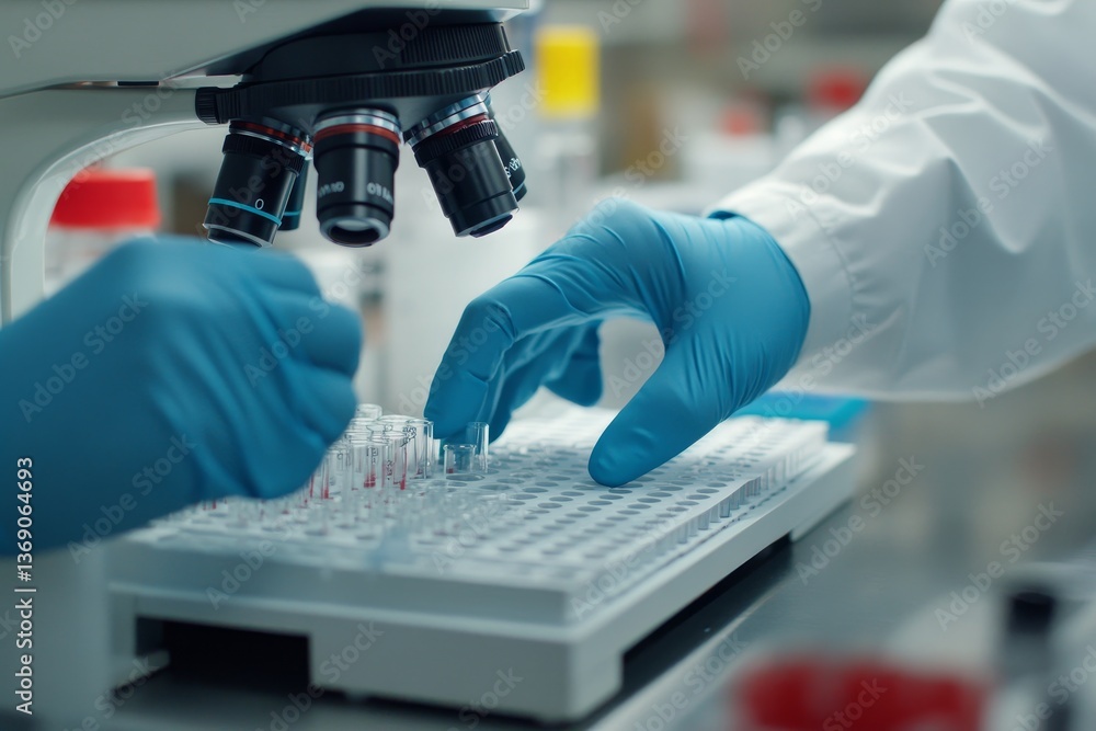 Poster close up image of a scientist s hands in blue gloves operating a microscope in a laboratory setting