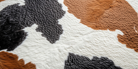 Close-up shot of a textured surface displaying an abstract cowhide pattern. The image features irregular patches of brown, white, gray, and black, mimicking the coloration of cowhide. The texture