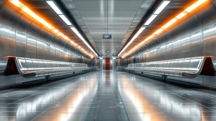 Modern subway station interior, empty platform, orange lighting, reflective floor