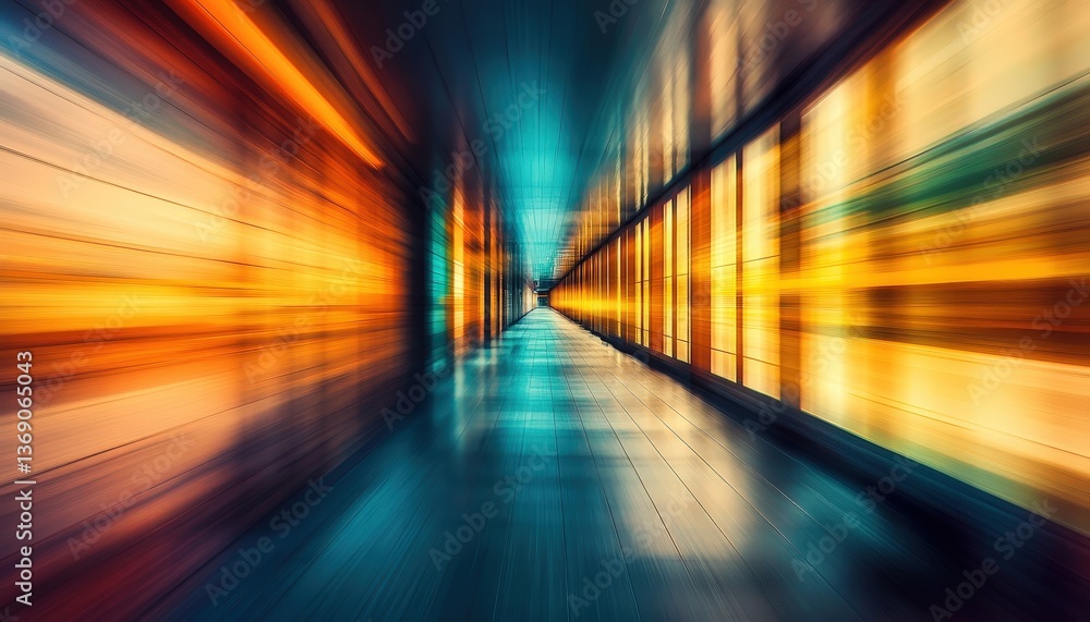 Poster Visual exploration of modern architecture with striking light play in an urban corridor during sunset hours showcasing reflections and depth