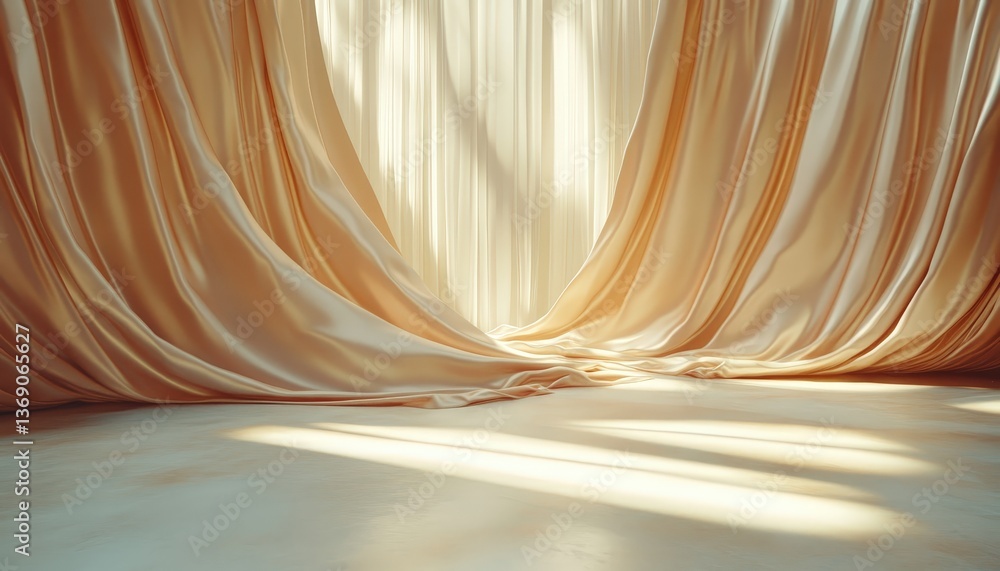 Poster soft golden fabric drapes elegantly in a sunlit room, creating a serene atmosphere perfect for an ar