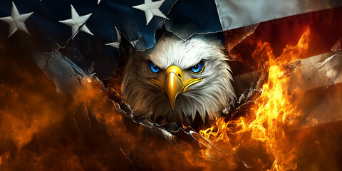 Close-up digital illustration of a bald eagle's head and upper body emerging from a rip in an American flag engulfed in flames. The eagle is rendered with highly detailed feathers, intense blue eyes,
