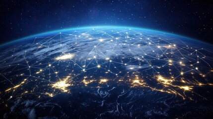 Fototapeta premium Stunning View of Earth from Space Showcasing Dynamic Network of Connections and Bright City Lights Against a Starry Background in High Definition Image