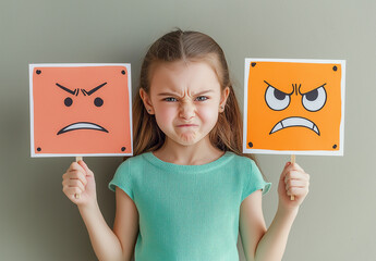 A close-up eye-level shot of a young girl with shoulder-length brown hair, wearing a teal short-sleeved shirt, holding two square cards. Each card displays a cartoonish illustration of an angry face;
